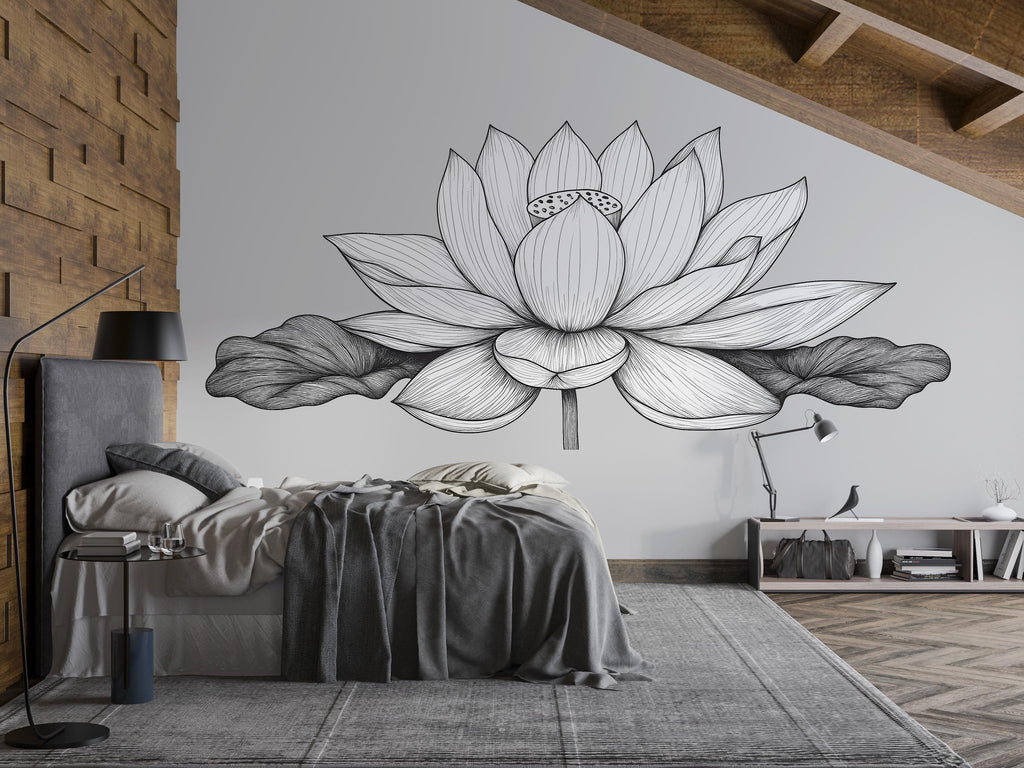 Large Lotus Flower Wall Decal – Black Line Art Mural Above Bed, Minimalist Zen Bedroom & Yoga Studio Wall Decor 076mv