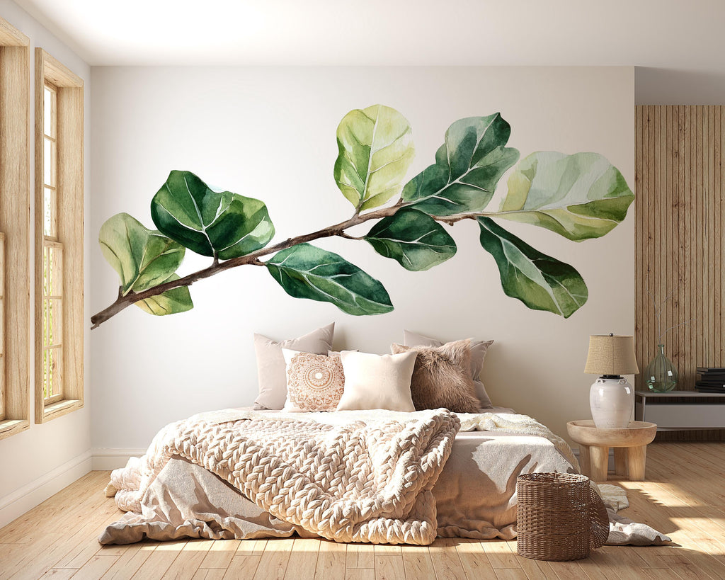 Fiddle Leaf Fig Wall Decal – Watercolor Green Branch Mural, Large Botanical Peel and Stick Wall Art 081mv