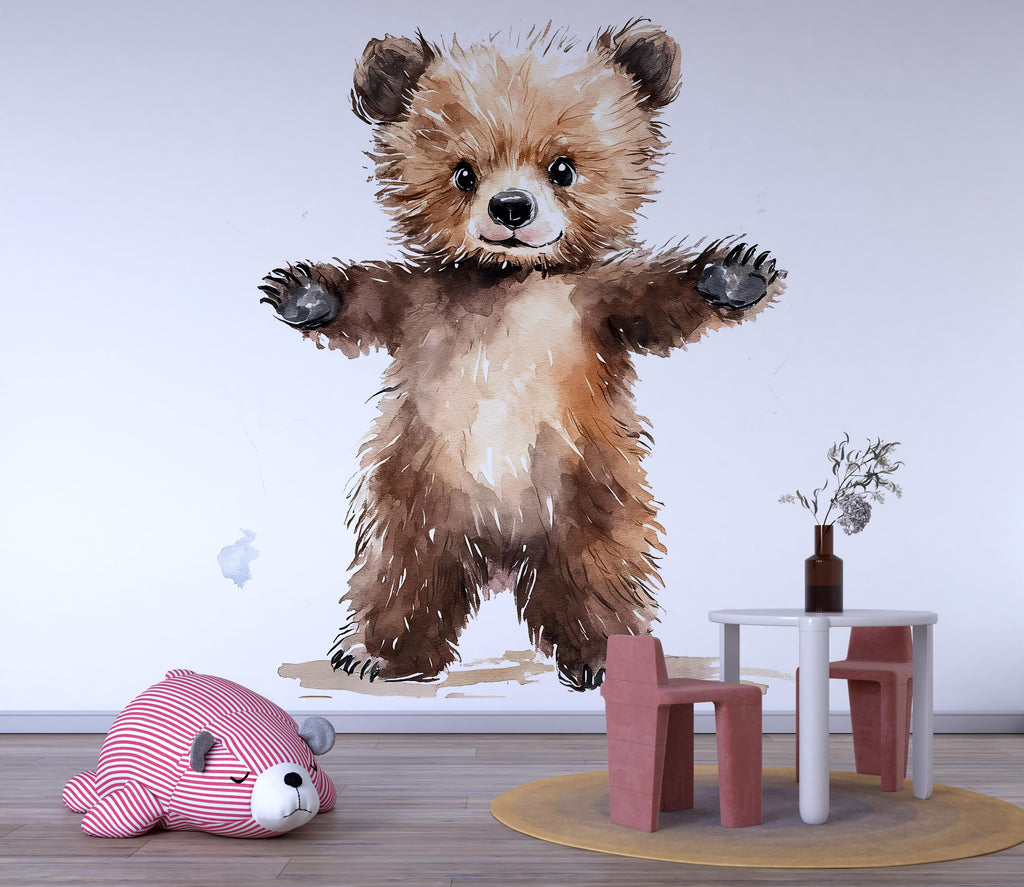 Standing Baby Bear Wall Decal Watercolor Nursery Sticker | Cute Woodland Animal Mural for Kids Room | Peel & Stick Removable Nursery