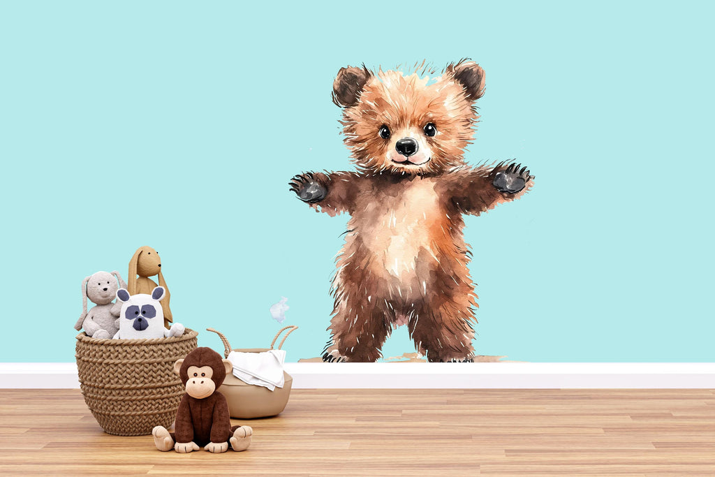 Standing Baby Bear Wall Decal Watercolor Nursery Sticker | Cute Woodland Animal Mural for Kids Room | Peel & Stick Removable Nursery