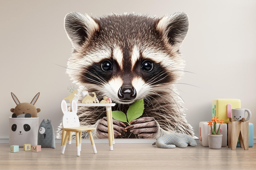 Realistic Baby Raccoon Wall Decal Nursery Sticker | Cute Woodland Animal Mural for Kids Room | Peel & Stick Removable Vinyl Nursery Wall