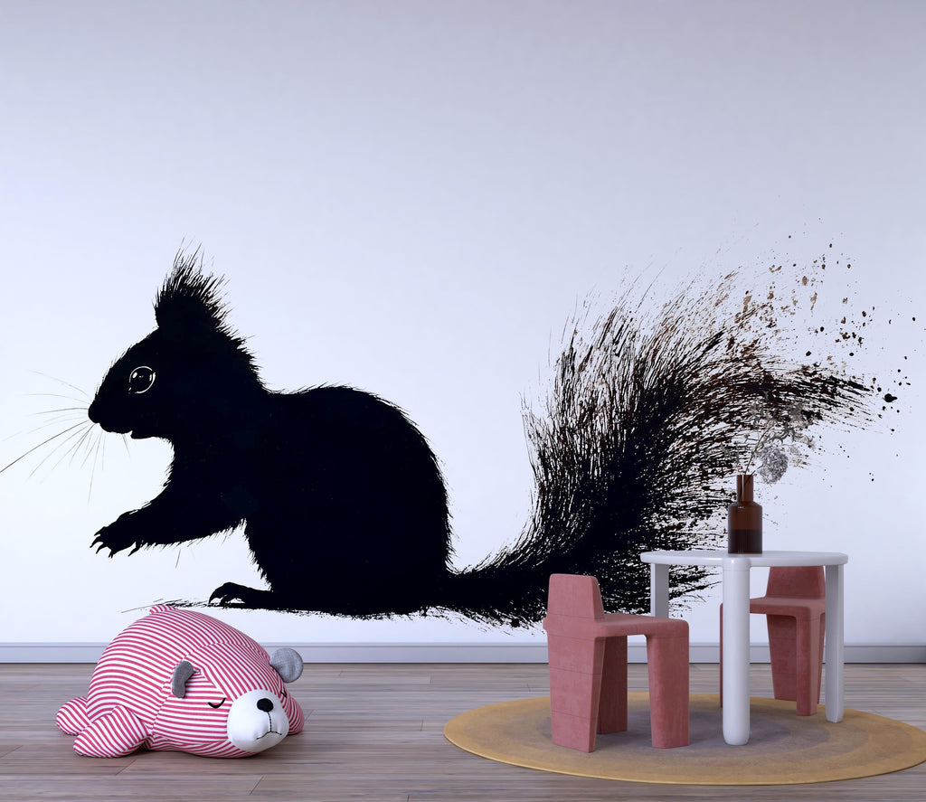 Black Squirrel Wall Decal with Splatter Tail | Woodland Nursery Animal Sticker | Modern Kids Room Decor | Peel & Stick Removable Mural