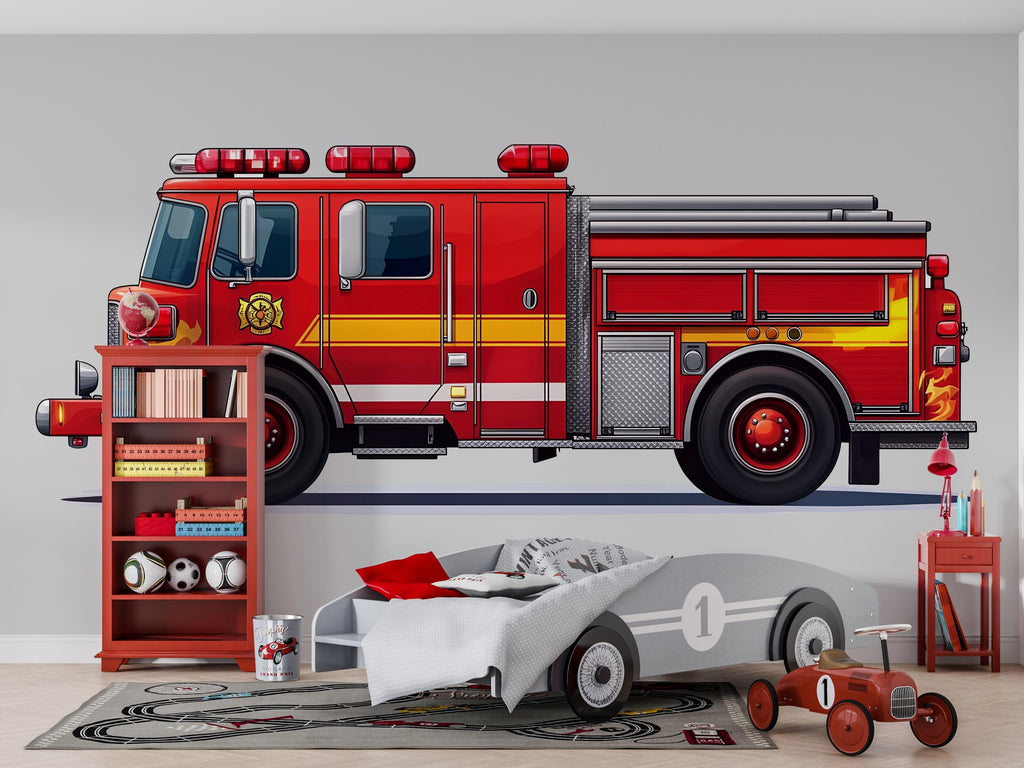Fire Truck Wall Decal for Kids Room | Red Fire Engine Sticker | Boys Bedroom Decor | Peel & Stick Removable Mural | Vehicle Theme Wall Art