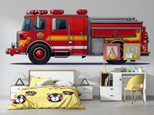 Load image into Gallery viewer, Fire Truck Wall Decal for Kids Room | Red Fire Engine Sticker | Boys Bedroom Decor | Peel &amp; Stick Removable Mural | Vehicle Theme Wall Art