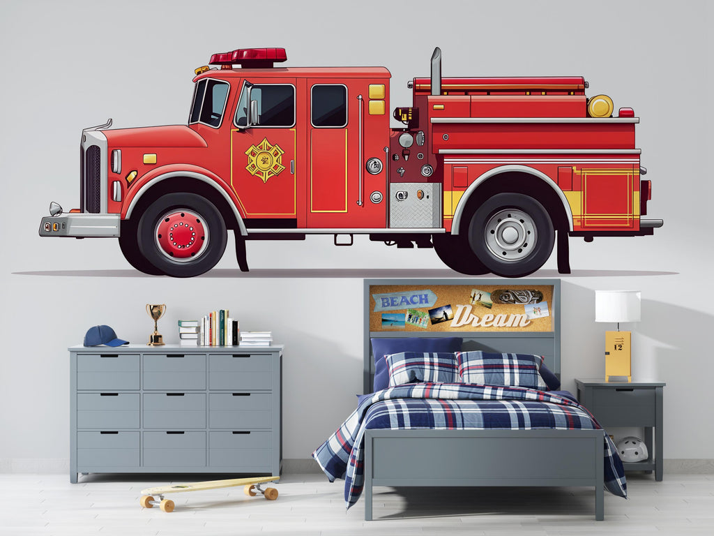 Fire Truck Wall Decal for Kids | Red Fire Engine Wall Sticker | Boys Bedroom Decor | Removable Peel & Stick Mural | Playroom Vehicle Theme