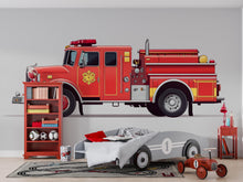 Load image into Gallery viewer, Fire Truck Wall Decal for Kids | Red Fire Engine Wall Sticker | Boys Bedroom Decor | Removable Peel &amp; Stick Mural | Playroom Vehicle Theme