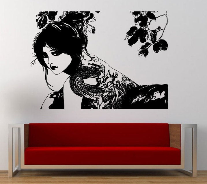 Wall Decal Vinyl Sticker Decals Peal And Stick Cheap Decor Art Beautiful Gorgeous Girl Woman Female Anime Dragon Tattoo On Her Back L411