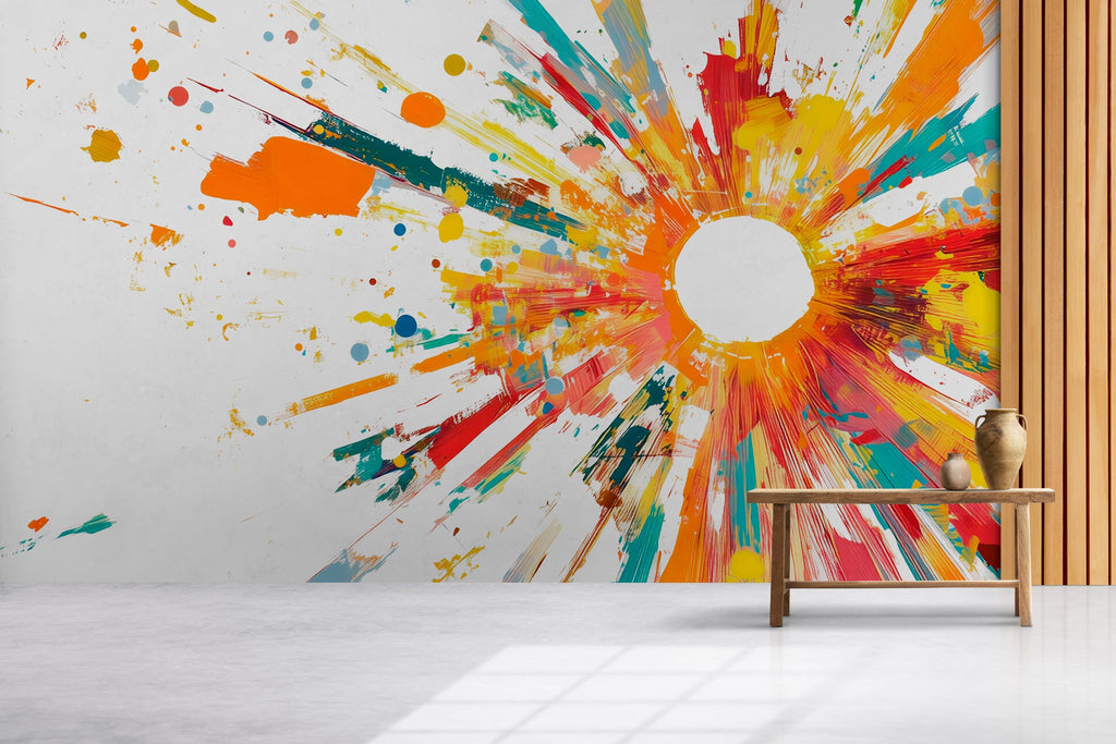 Abstract Sunburst Wall Mural – Color Splash Paint Explosion Large Removable Wall Art for Office, Studio or Living Room 086mv