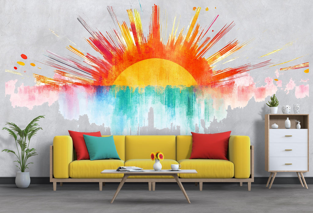 Rainbow Sunrise Wall Mural for Kids Room – Colorful Abstract Sun Wall Decal Above Bed, Playroom or Classroom 087mv