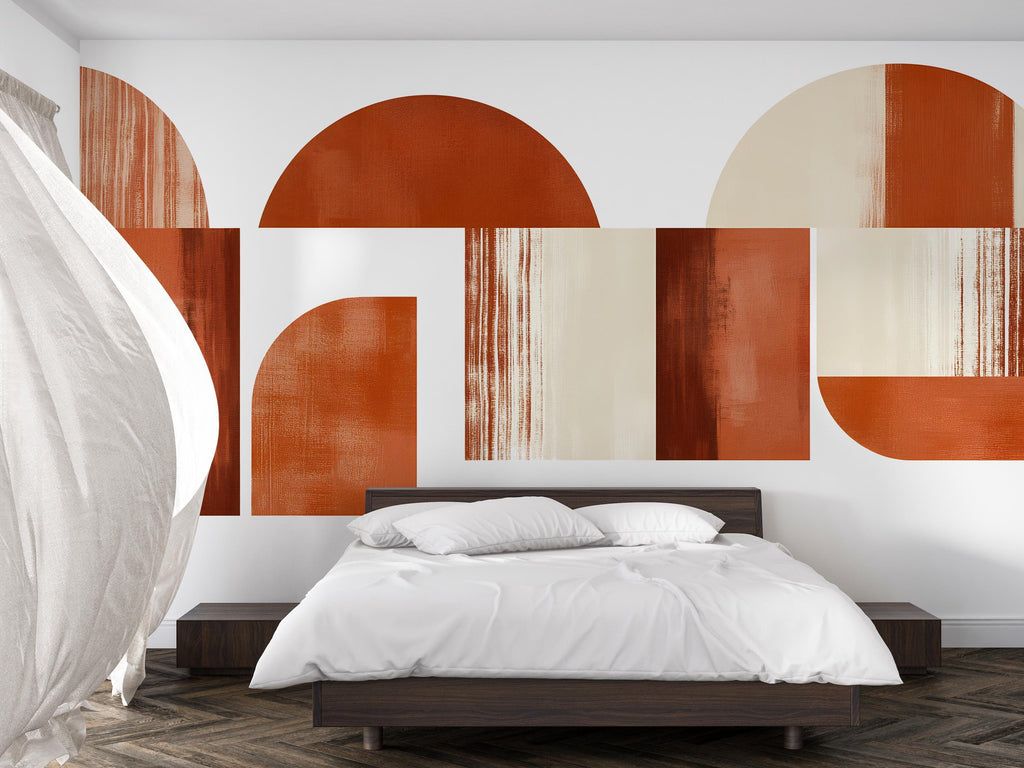 Terracotta Geometric Wall Mural – Abstract Boho Shapes Wallpaper for Bedroom Feature Wall 090mv