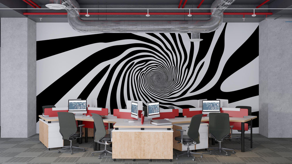 Optical Illusion Wall Mural – Black and White Spiral Wallpaper for Modern Office 092mv