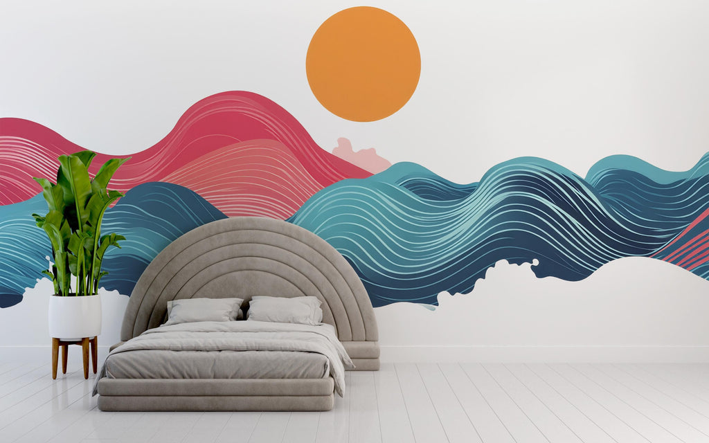 Large Ocean Wave Wall Mural, Colorful Sunset Wall Decal for Bedroom, Modern Coastal Removable Wall Art 095mv