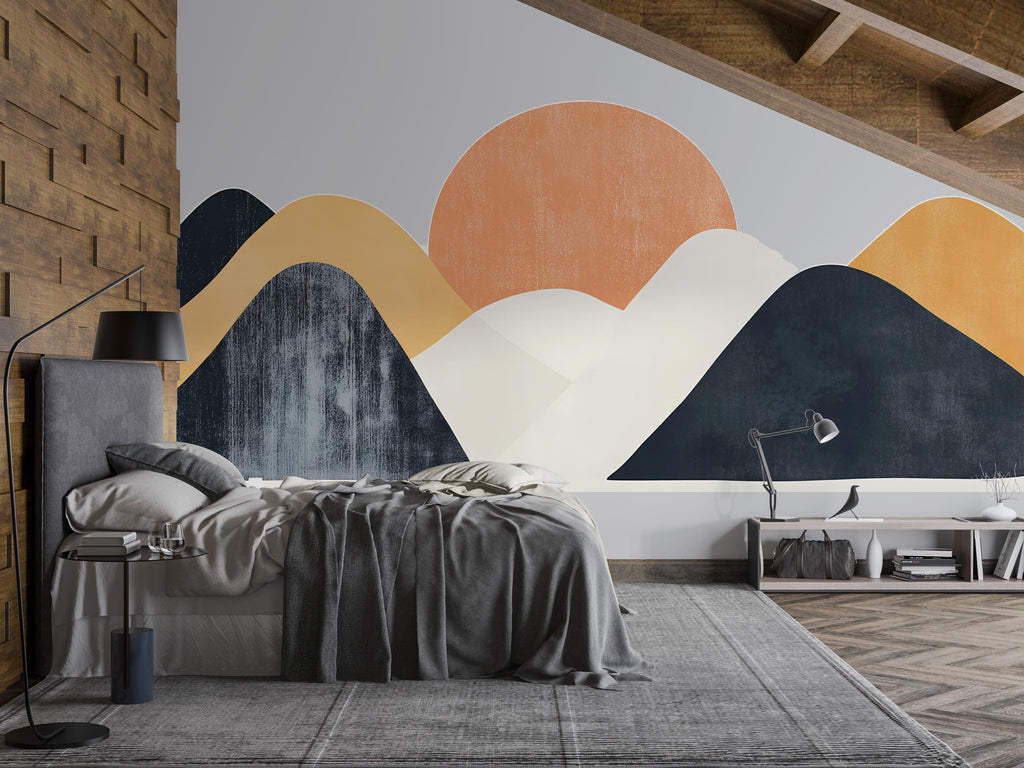 Abstract Mountain Sunset Wall Mural, Mid Century Modern Wall Art, Large Removable Wall Decal for Living Room or Entryway 096mv