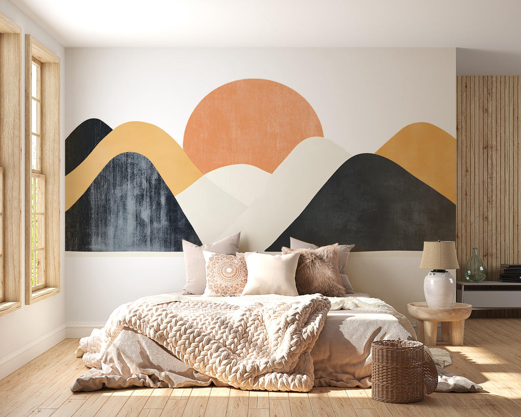 Abstract Mountain Sunset Wall Mural, Mid Century Modern Wall Art, Large Removable Wall Decal for Living Room or Entryway 096mv