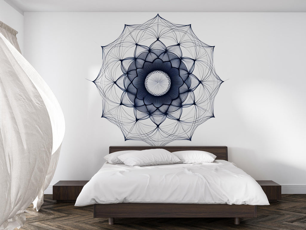 Navy Mandala Wall Decal, Large Geometric Bedroom Wall Art, Boho Removable Headboard Mural 094mv