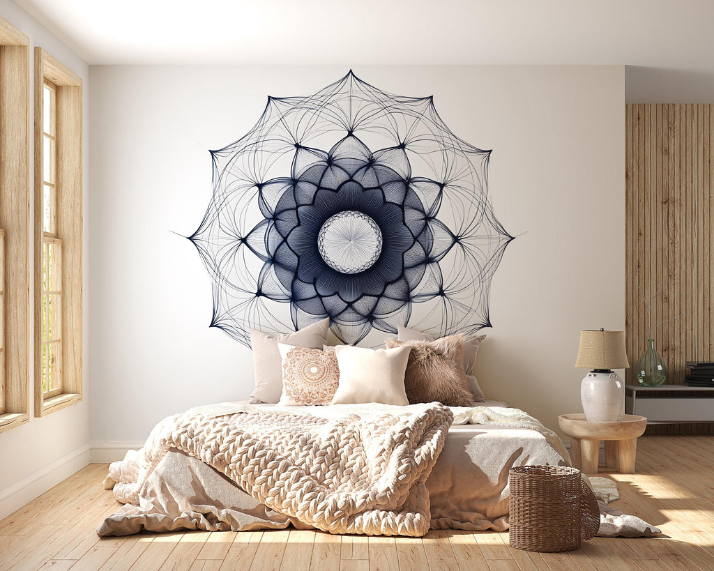 Navy Mandala Wall Decal, Large Geometric Bedroom Wall Art, Boho Removable Headboard Mural 094mv