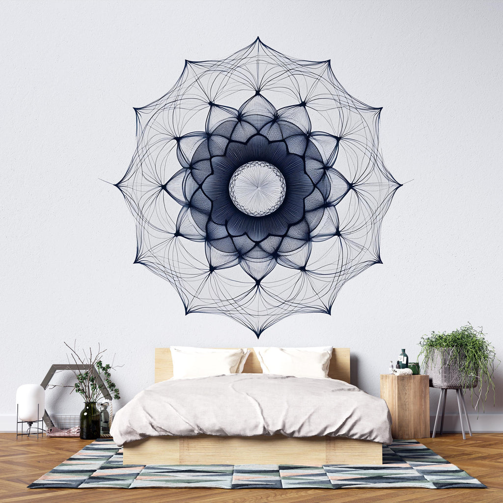 Navy Mandala Wall Decal, Large Geometric Bedroom Wall Art, Boho Removable Headboard Mural 094mv