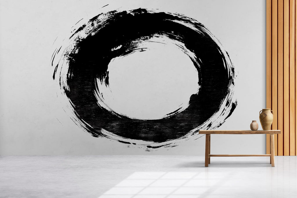 Zen Circle Wall Mural, Large Black Enso Brushstroke Wall Art, Minimal Japanese Removable Wall Decal 106mv