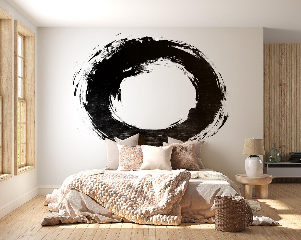 Zen Circle Wall Mural, Large Black Enso Brushstroke Wall Art, Minimal Japanese Removable Wall Decal 106mv