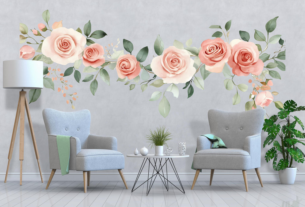 Blush Rose Wall Decal, Large Floral Bedroom Wall Art, Romantic Removable Headboard Mural 109mv
