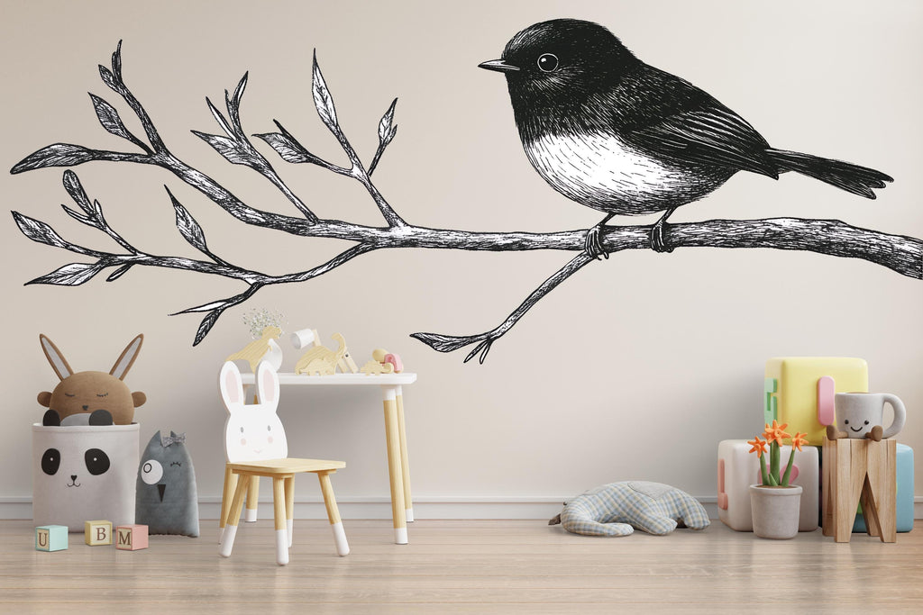 Bird on Branch Wall Decal, Large Line Art Kids Wall Art, Scandinavian Nursery Removable Mural 110mv