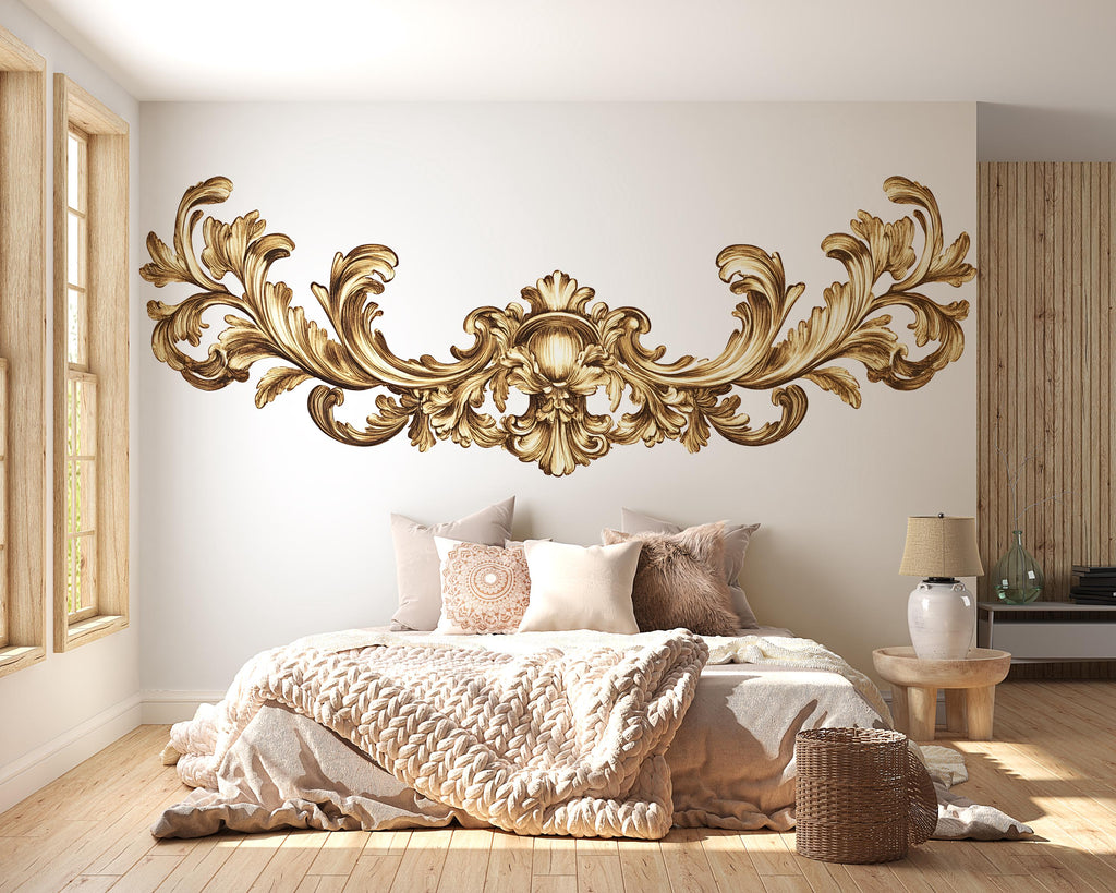 Gold Baroque Headboard Wall Decal, Ornate Bedroom Wall Art, Removable Vintage Mural Art 112mv