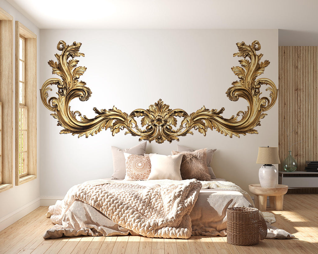 Gold Baroque Wall Decal, Large Ornate Living Room Wall Art, Luxury Removable Over Sofa Mural 114mv
