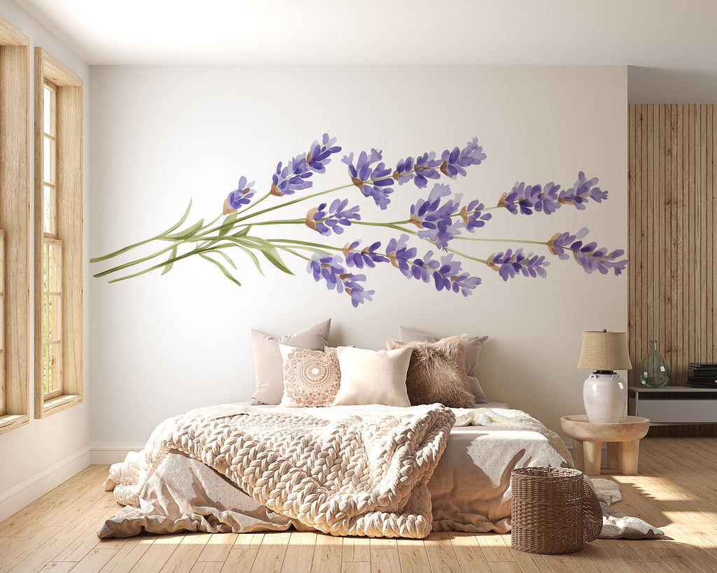 Lavender Wall Decal, Large Floral Bedroom Wall Art, Provence Inspired Removable Headboard Mural 115mv