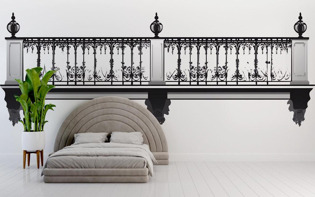Paris Balcony Headboard Wall Decal, French Bedroom Wall Art, Removable Wrought Iron Mural 118mv
