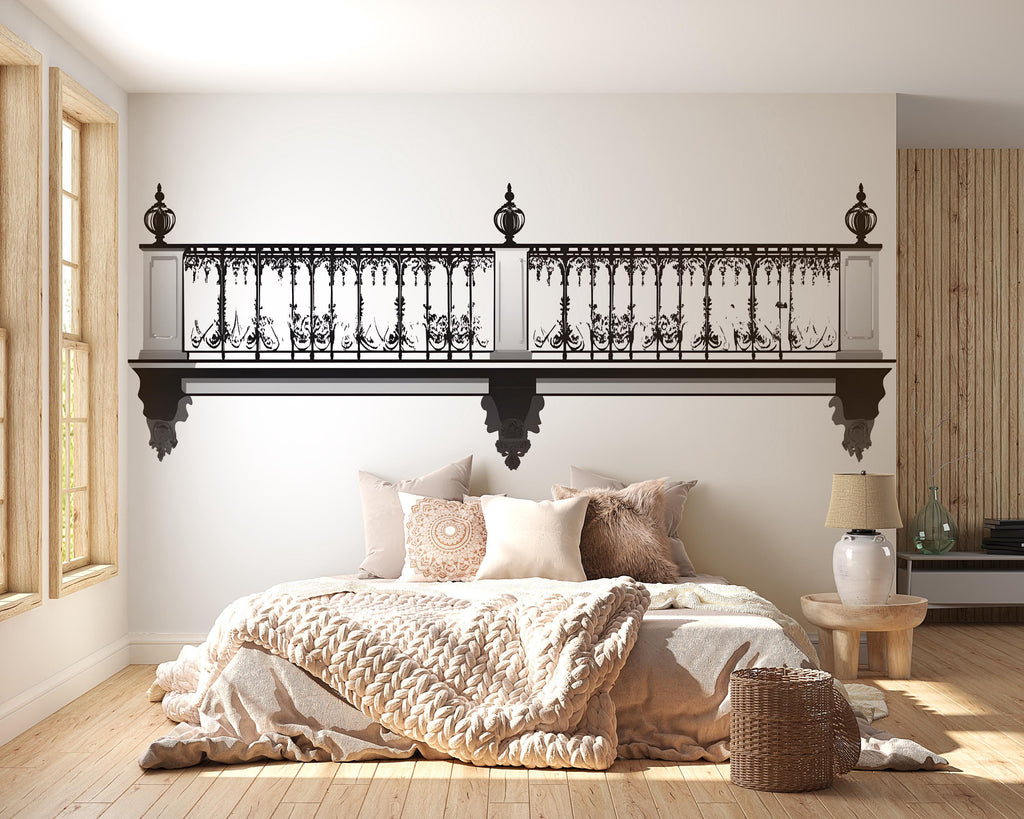 Paris Balcony Headboard Wall Decal, French Bedroom Wall Art, Removable Wrought Iron Mural 118mv