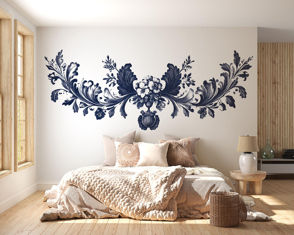 Navy Floral Headboard Wall Decal, Large Baroque Bedroom Wall Art, Removable Over Bed Mural 122mv