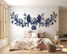 Load image into Gallery viewer, Navy Floral Headboard Wall Decal, Large Baroque Bedroom Wall Art, Removable Over Bed Mural 122mv