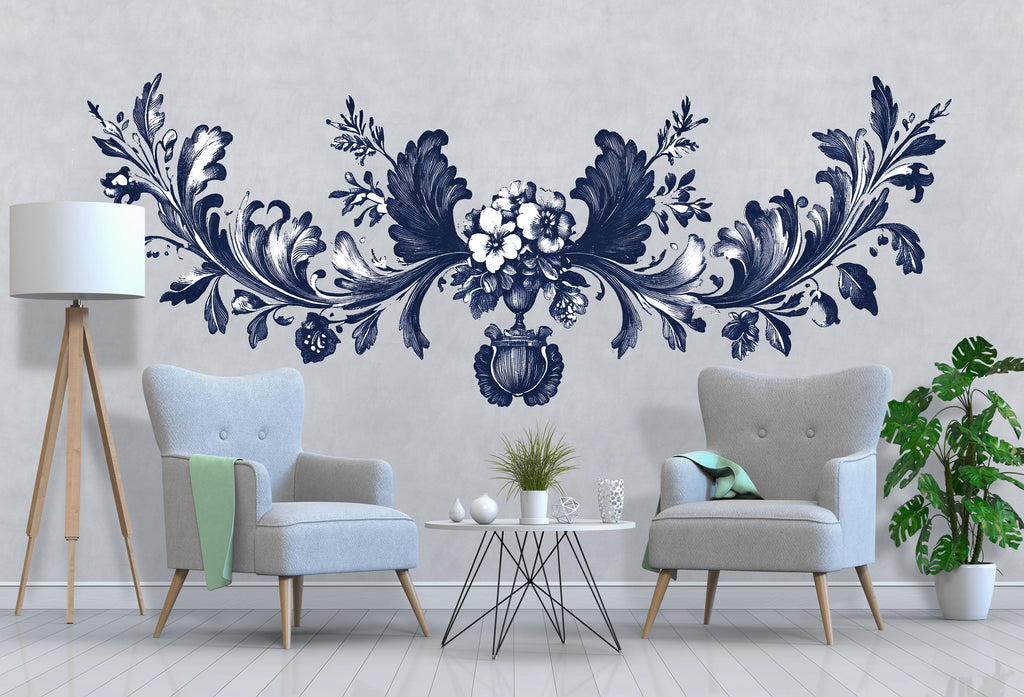 Navy Floral Headboard Wall Decal, Large Baroque Bedroom Wall Art, Removable Over Bed Mural 122mv