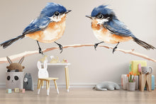 Load image into Gallery viewer, Watercolor Blue Birds Nursery Wall Decal, Kids Room Branch Mural, Removable Animal Wall Art 125mv