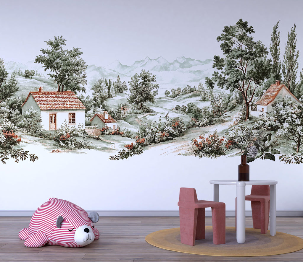 Cottage Landscape Wall Mural, Vintage Countryside Nursery Wall Art, Removable Kids Room Mural 126mv