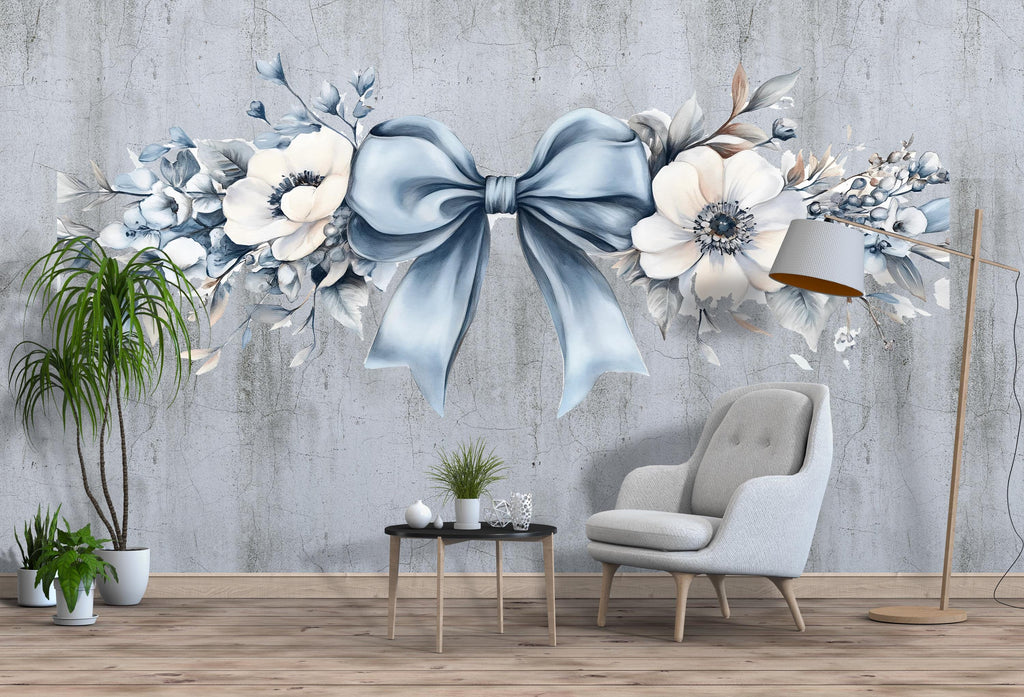 Blue Bow Floral Wall Decal, Large Bedroom Headboard Wall Art, Romantic Removable Mural 128mv