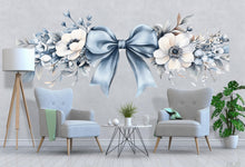 Load image into Gallery viewer, Blue Bow Floral Wall Decal, Large Bedroom Headboard Wall Art, Romantic Removable Mural 128mv