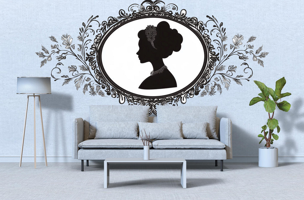 Victorian Cameo Wall Decal, Large Silhouette Headboard Art, Vintage Removable Bedroom Mural 130mv