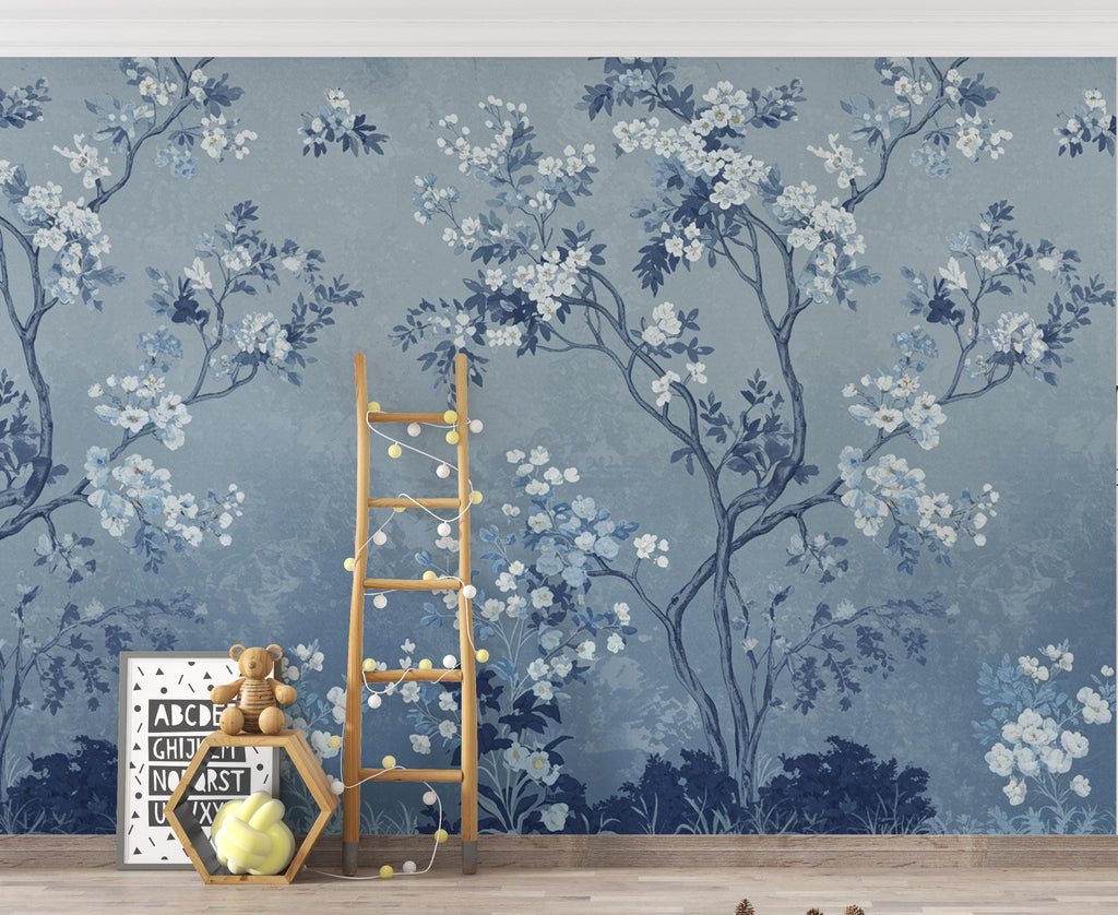 Blue Chinoiserie Tree Wallpaper Mural – Icy Blue & Navy Blossoms, Elegant Curved Branches, Luxury Sapphire Botanical Wall Art 189DE