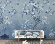 Load image into Gallery viewer, Blue Chinoiserie Tree Wallpaper Mural – Icy Blue &amp; Navy Blossoms, Elegant Curved Branches, Luxury Sapphire Botanical Wall Art 189DE