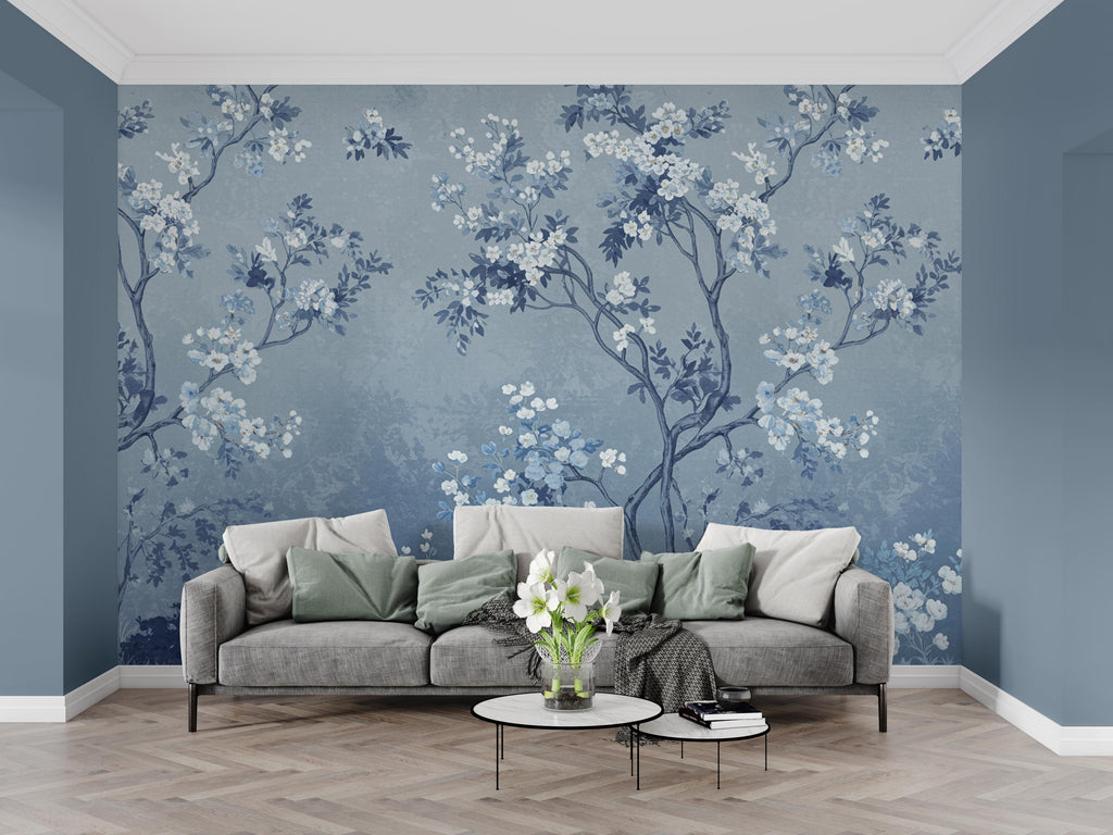 Blue Chinoiserie Tree Wallpaper Mural – Icy Blue & Navy Blossoms, Elegant Curved Branches, Luxury Sapphire Botanical Wall Art 189DE