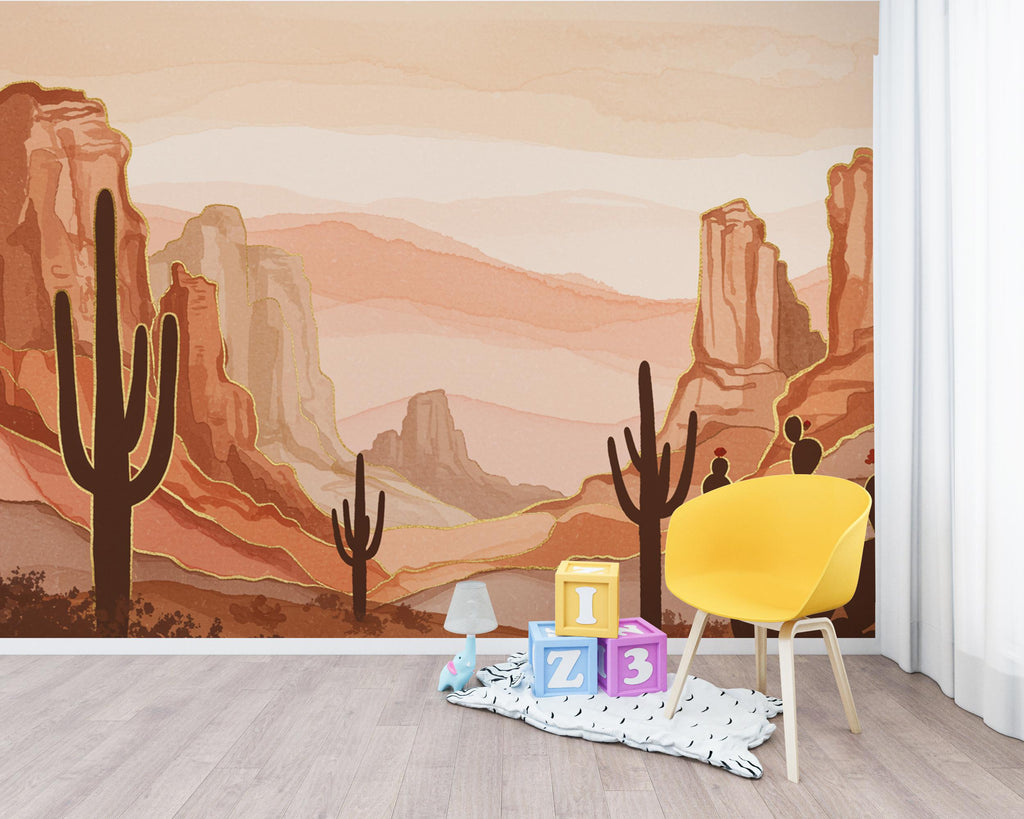 Desert Canyon Cactus Wallpaper Mural – Terracotta & Sandstone Watercolor, Gold-Edged Cactus Silhouettes, Dramatic Natural Wall Art 190DE