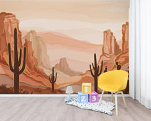 Load image into Gallery viewer, Desert Canyon Cactus Wallpaper Mural – Terracotta &amp; Sandstone Watercolor, Gold-Edged Cactus Silhouettes, Dramatic Natural Wall Art 190DE