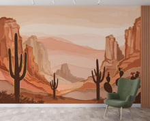 Load image into Gallery viewer, Desert Canyon Cactus Wallpaper Mural – Terracotta &amp; Sandstone Watercolor, Gold-Edged Cactus Silhouettes, Dramatic Natural Wall Art 190DE