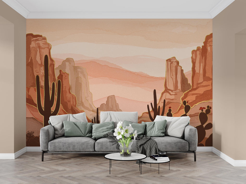 Desert Canyon Cactus Wallpaper Mural – Terracotta & Sandstone Watercolor, Gold-Edged Cactus Silhouettes, Dramatic Natural Wall Art 190DE