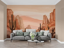 Load image into Gallery viewer, Desert Canyon Cactus Wallpaper Mural – Terracotta &amp; Sandstone Watercolor, Gold-Edged Cactus Silhouettes, Dramatic Natural Wall Art 190DE