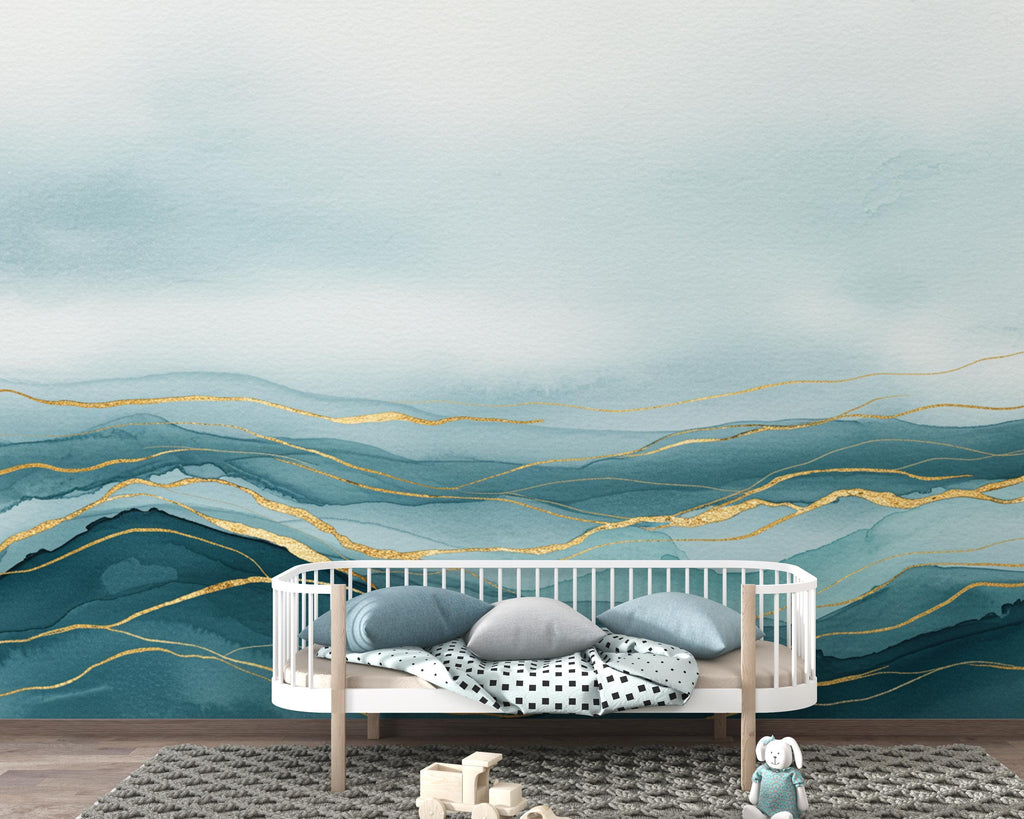 Luxury Ocean View Wallpaper Mural – Deep Teal Watercolor Waves, Gold-Accented Crests, Misty Cyan & White Coastal Wall Art 191DE