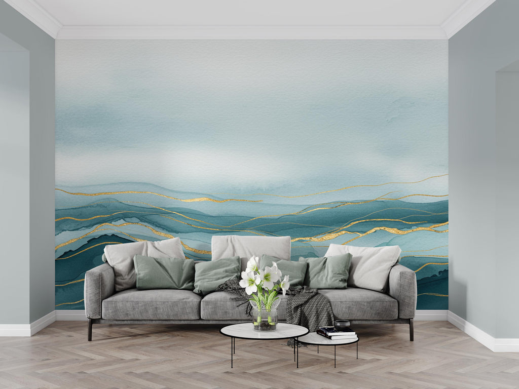 Luxury Ocean View Wallpaper Mural – Deep Teal Watercolor Waves, Gold-Accented Crests, Misty Cyan & White Coastal Wall Art 191DE