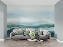 Load image into Gallery viewer, Luxury Ocean View Wallpaper Mural – Deep Teal Watercolor Waves, Gold-Accented Crests, Misty Cyan &amp; White Coastal Wall Art 191DE