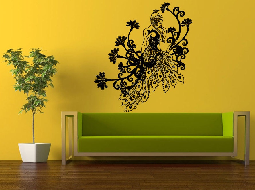 Wall Decal Vinyl Sticker Decals Peal And Stick Cheap Free Shipping Decor Art Beautiful Girl Woman Peacock Pretty Bird Amazing Feathers L422